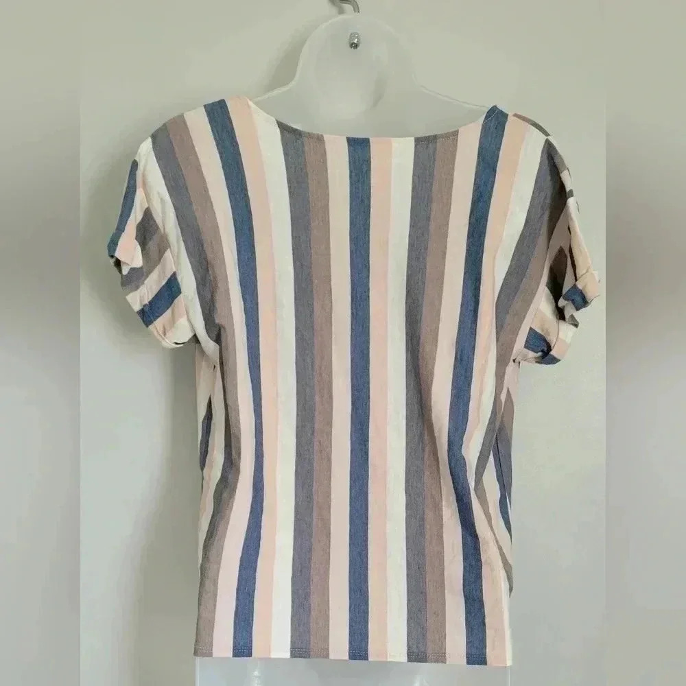 American Eagle Women's Stripped Shirt Sz M Roll Sleeve Tie Front - Picture 7 of 10